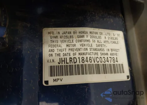 1997 Honda Cr-V Lx z USA, uszkodzony, nr VIN JHLRD1846VC034784